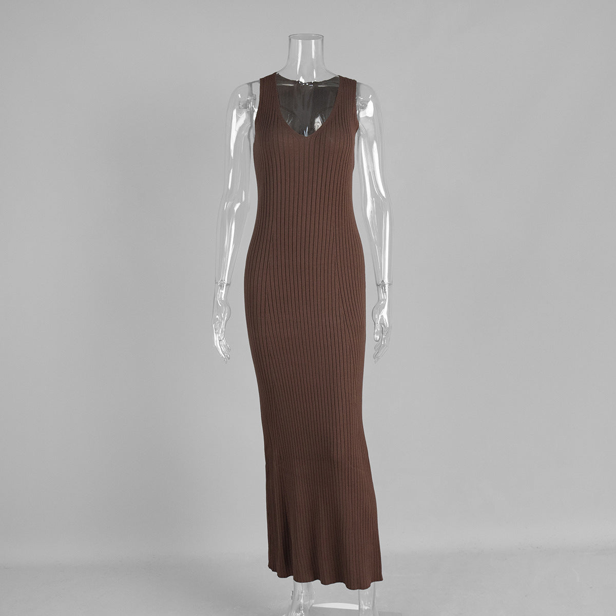 Bodycon Knit Maxi Dress Casual Sleeveless Round Neck Dress