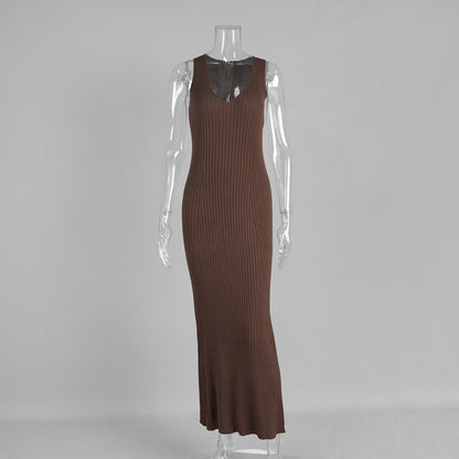 Bodycon Knit Maxi Dress Casual Sleeveless Round Neck Dress