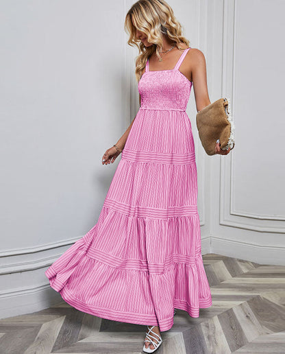 Solid Color Striped Spaghetti Long Dress