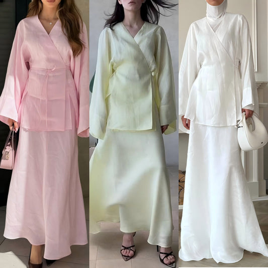 Trendy Casual Long Sleeve Dress Set With Ties