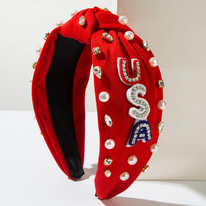 USA Flag Headband with Rhinestones and Pearls