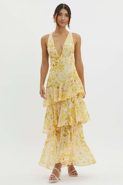 V-Neck Print Backless Flounce Sexy Dress