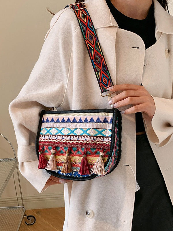 Woven Fringe Crossbody Bag Stylish Cotton Handbag