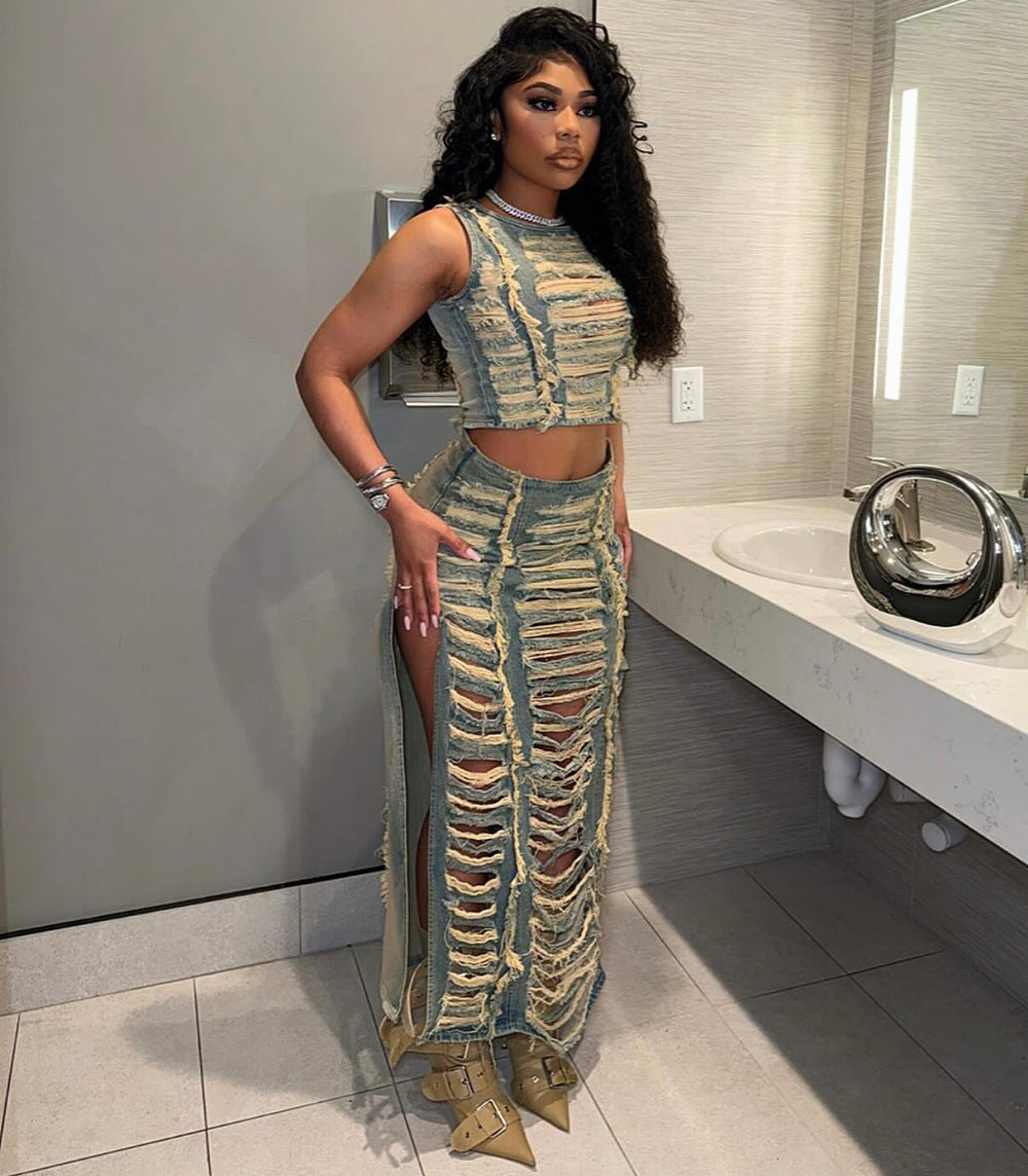 Trendy 3D Patterned Denim Vest And Skirt Set