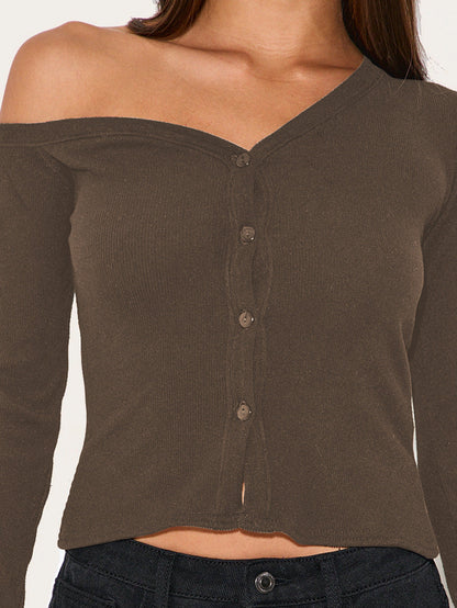 Asymmetrical Neck Long Sleeve Button Knit Cardigan T-Shirt