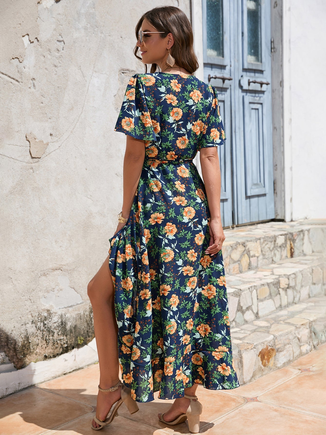 V-Neck, Short Sleeves, Lace-Up High-Rise Maxilla Dress, Beach Casual Dress