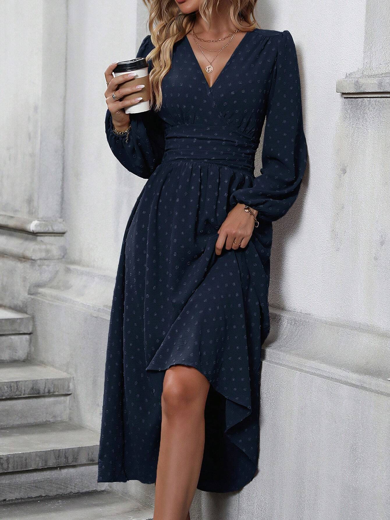Autumn And Winter New Medium Hairball Diagonal Neck Lantern Sleeve Pleated Waist Dress