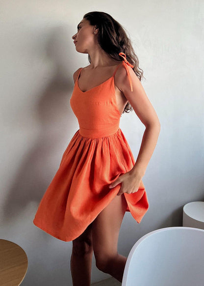 Linen Mini Dress With Tie Straps And Flared Skirt