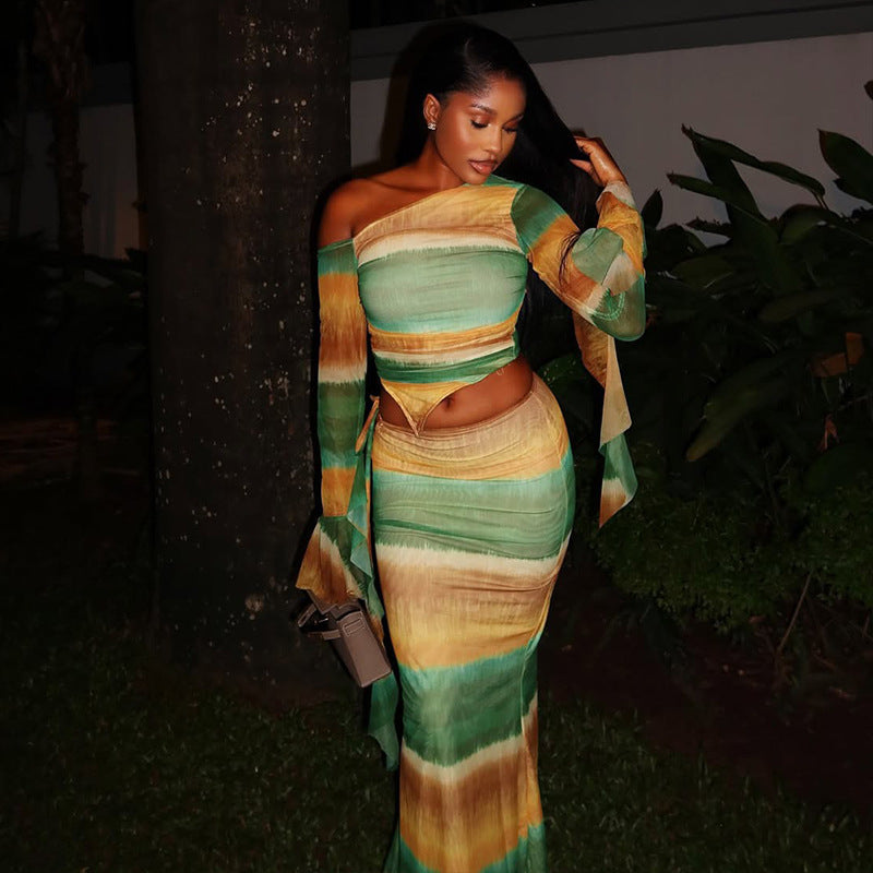 Color Block Asymmetrical Midi Dress Two-Piece Set