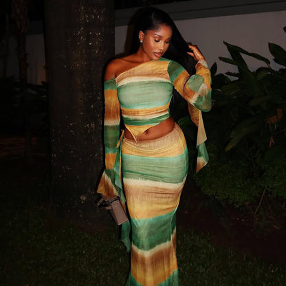 Color Block Asymmetrical Midi Dress Two-Piece Set