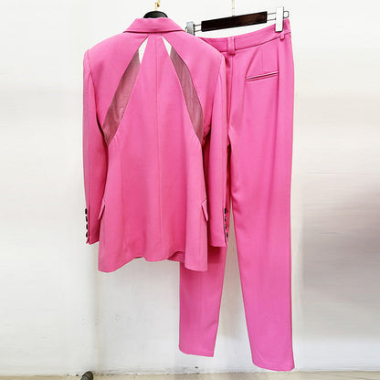 Sheer Mesh Panel Blazer And Tapered Pants Set