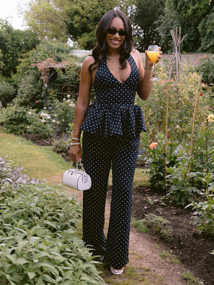 Polka Dot Print Sleeveless Top And Wide Leg Pants Set