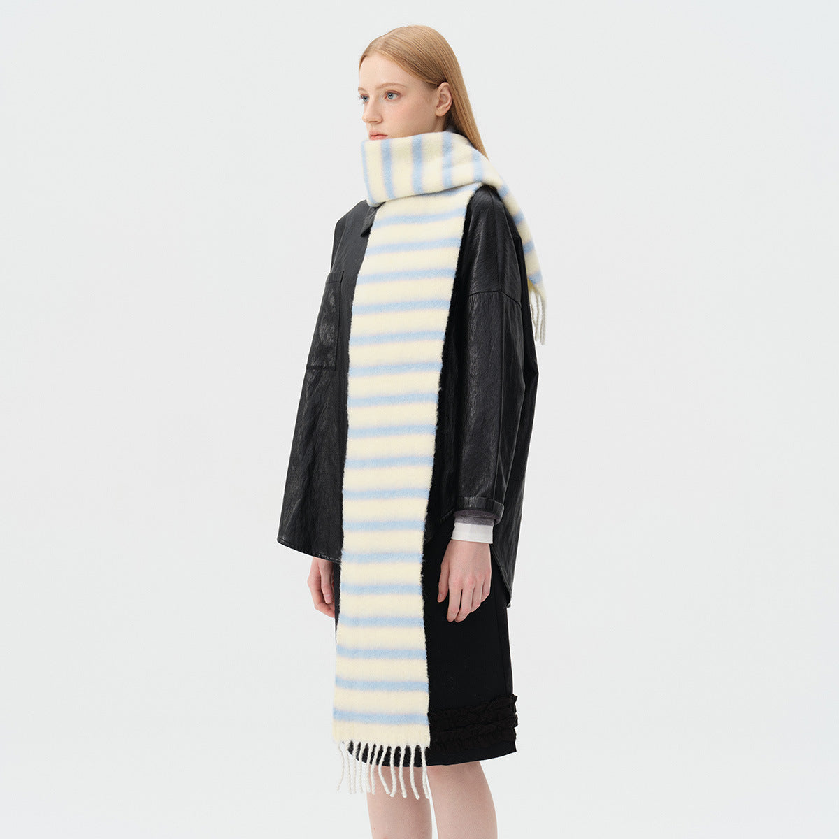 Colorful Striped Wool Blend Scarf With Fringe