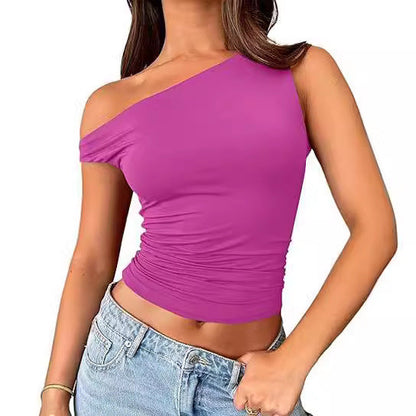 One Shoulder Solid Colot Short Top