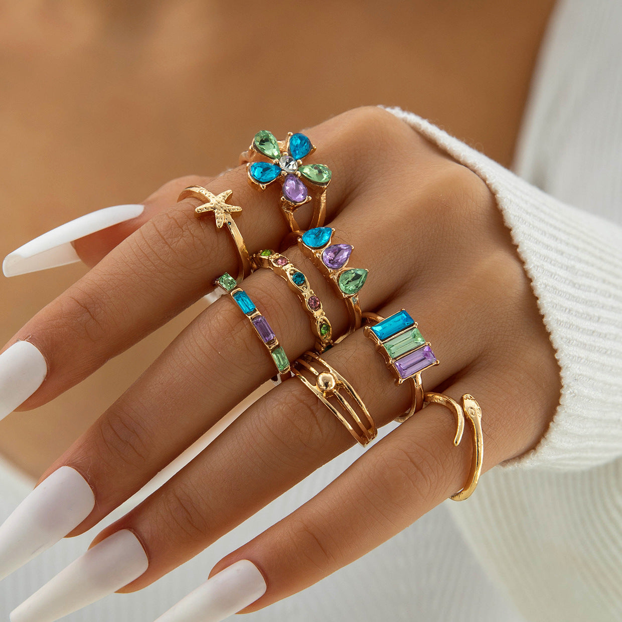 Heart Gemstone Ring Geometric Alloy Ring Set