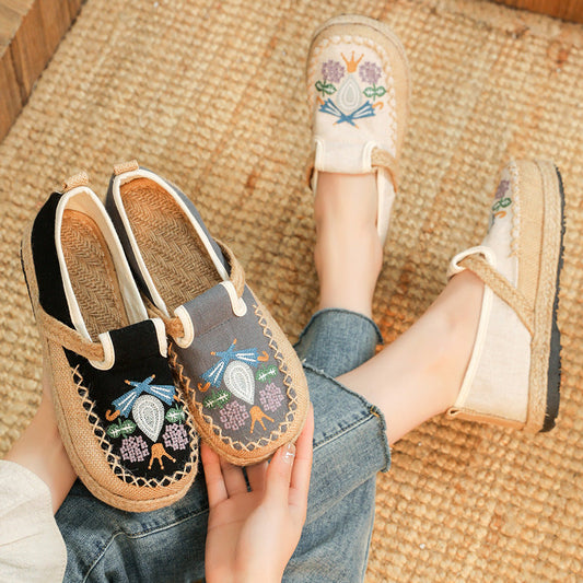 Comfortable Round Toe Cotton Hemp Midsole Women'S Casual Shoes, Ethnic Style Lazy Person, One Footed Fisherman'S Shoes, Retro Embroidered Shoes