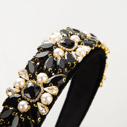 Baroque Velvet Wide Headband With Pearls and Rhinestones