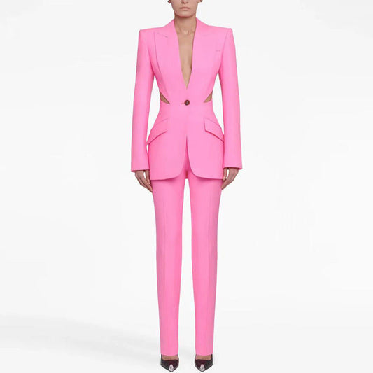 Sheer Mesh Panel Blazer And Tapered Pants Set