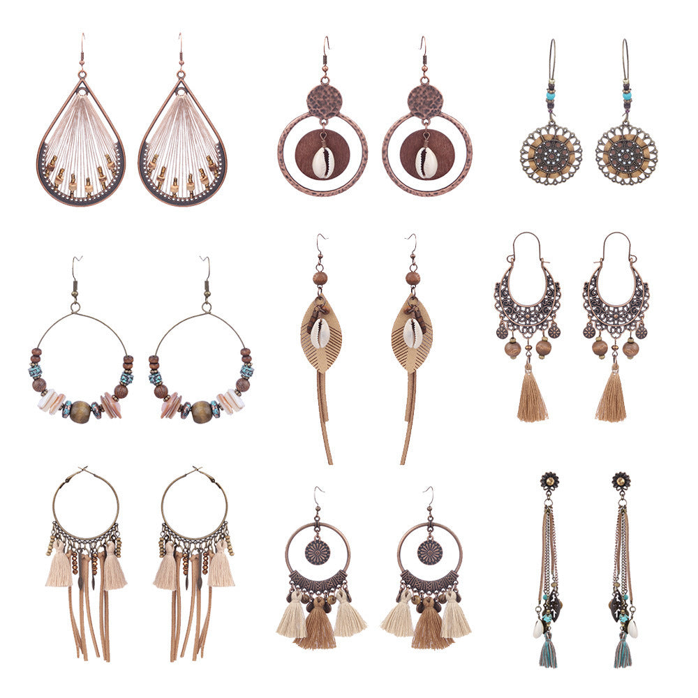 Bohemian Pearl Shell Long Tassel Earrings Geometric Circle Set