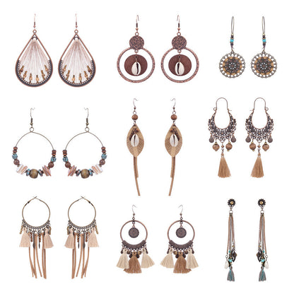 Bohemian Pearl Shell Long Tassel Earrings Geometric Circle Set