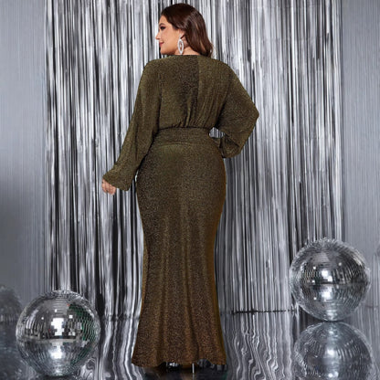 V-Neck Long Sleeve Mermaid Evening Dress In Sparkling Colors