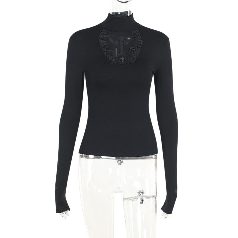Sexy Black Hollow Cross Long Sleeve Top