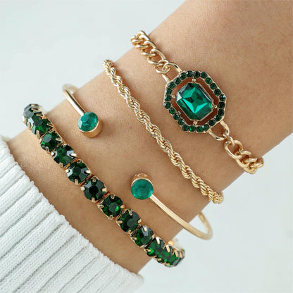 Heart-Shaped Emerald Gemstone Bracelet Set With Rhinestones