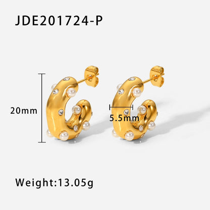 Colorful Zircon Pearl C-Shaped Stud Earrings