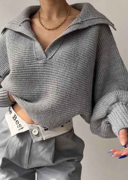 Ribbed Knit Sweater With Structured Collar