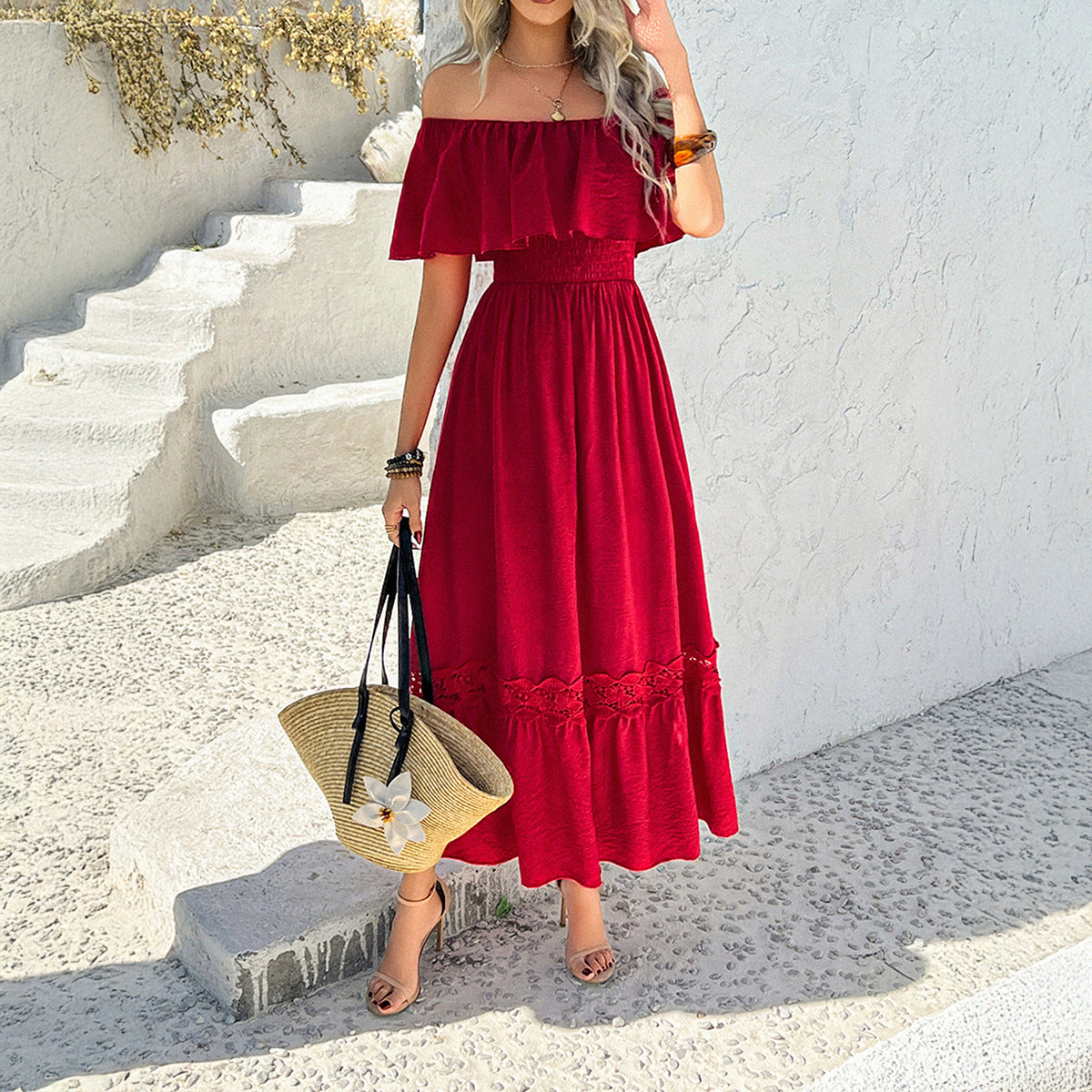 Off-Shoulder Waist-Defined Maxi Dress with Ruffle Sleeves