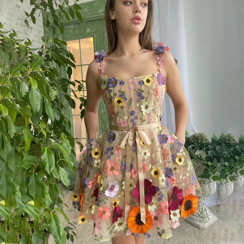 Women'S 3D Flower Embroidery Wrapped Hip Sexy Dress