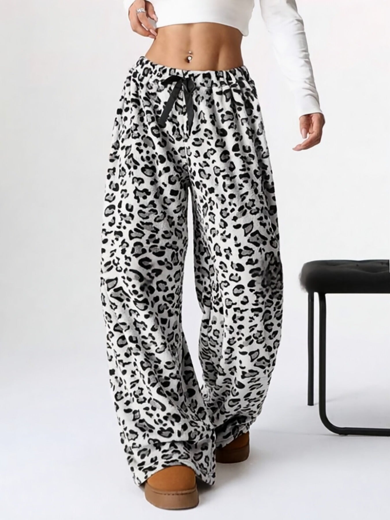 Casual Leopard Print Elastic Waist Wide Leg Pants