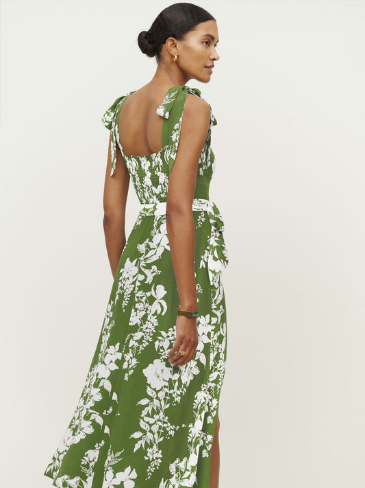 Stylish Women'S Suspenders Lace-Up Bandeau Split Split Floral Dress With Elegant Temperament With Belt