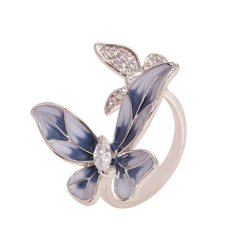 French-Inspired Adjustable Butterfly Open Ring With Zircon Stone