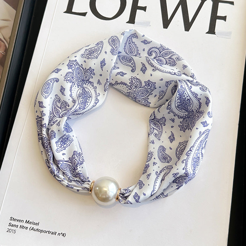 Elegant Print Large Pearl Silk Scarf