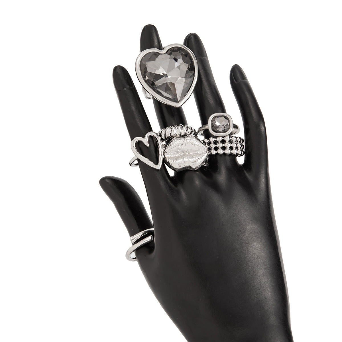 Exaggerated Black Heart Acrylic Diamond Ring Set Stylish Metal Thread Lips Ring