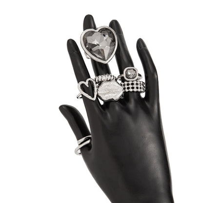 Exaggerated Black Heart Acrylic Diamond Ring Set Stylish Metal Thread Lips Ring