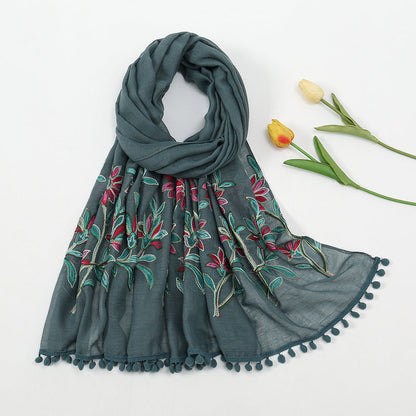 New Embroidered Furball Scarf, Cotton And Linen Shawl, Women'S Ethnic Style Retro Style, With Spring And Autumn Scarf