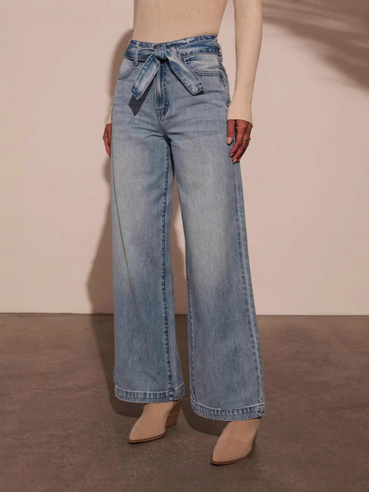 High-Waisted Belted Wash Denim Wide-Leg Pants