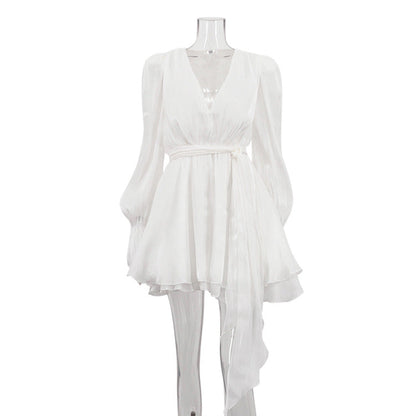 Elegant French Style A-Line Dress With V-Neck And Puff Sleeves