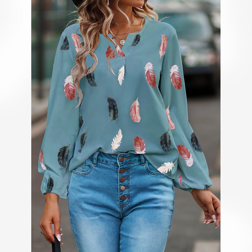 Women'S V-Neck Feather Print Long Sleeves Loose T-Shirt Blouse