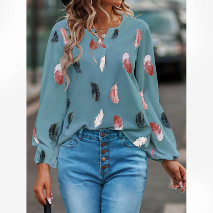 Women'S V-Neck Feather Print Long Sleeves Loose T-Shirt Blouse