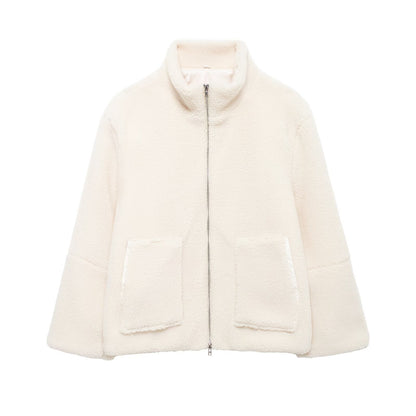 Solid Color Zipper Teddy Fleece Loose Jacket