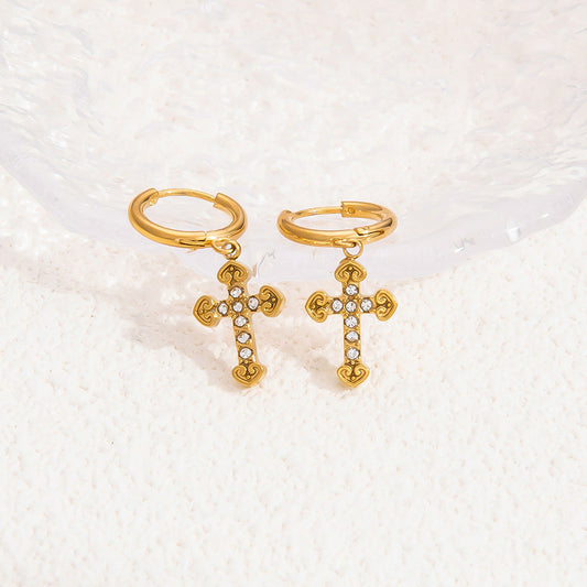 Gold Hollow Cross Earrings with Zircon Stones