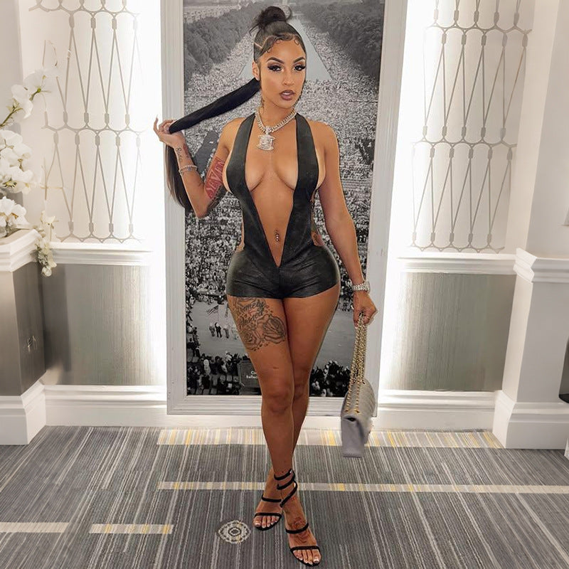 Sexy Deep V Backless Bodysuit In Solid Color