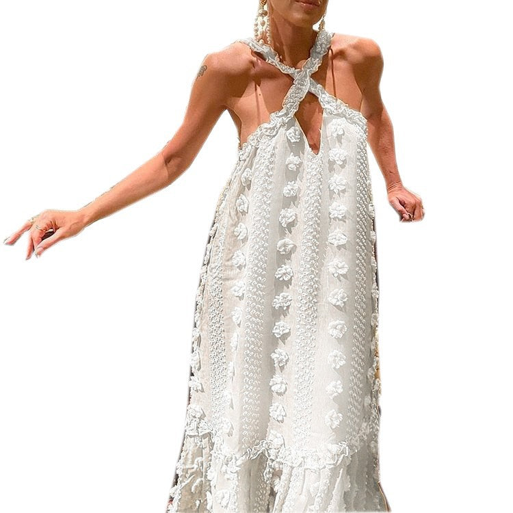 Fashionable Solid Color Maxi Dress with 3D Flower Embellishments