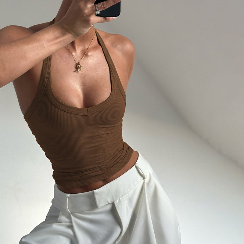 Sleeveless Knitted Top Sexy Fitted Halter Neck Solid Color