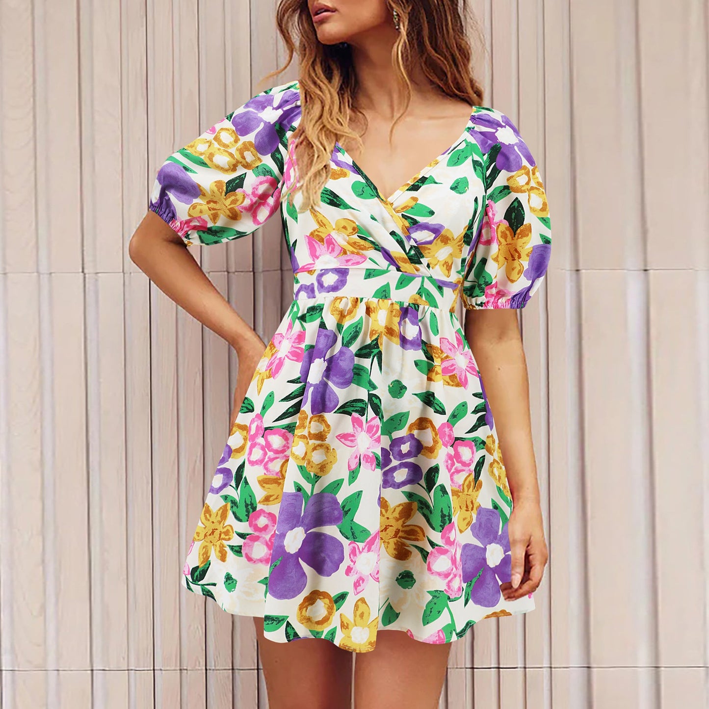Women‘S Wear Summer New V-Neck Printed Beach Lantern Sleeve Short Dress