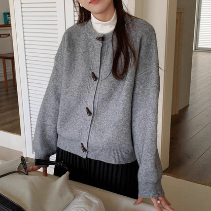 Retro Solid Color Toggle Button Knit Cardigan