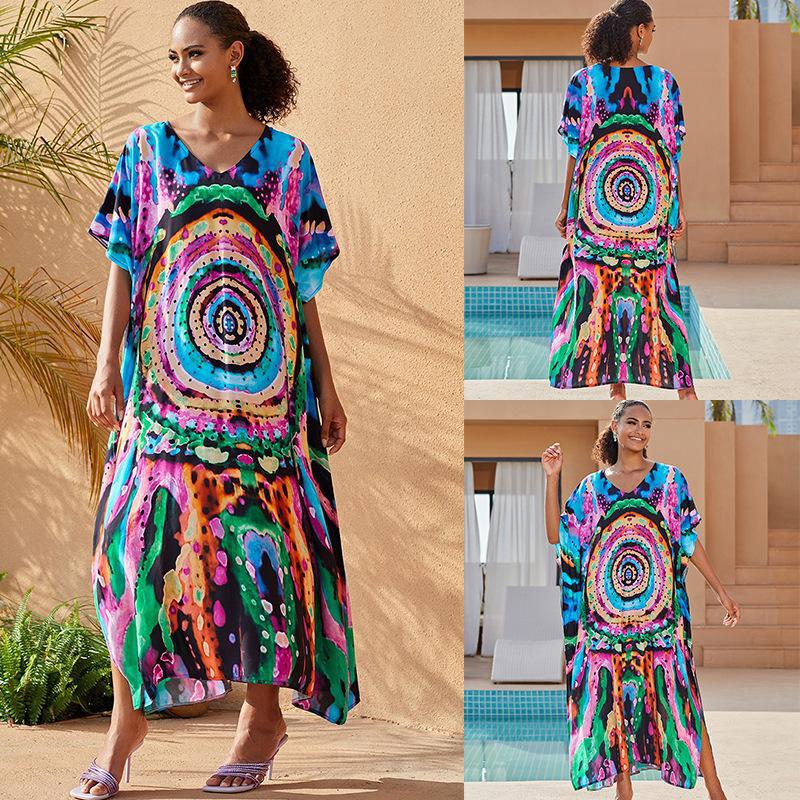 Cotton Watermark Printed Beach Blouses Robe-Style Holiday Sunscreen Blouses Bikini Blouses